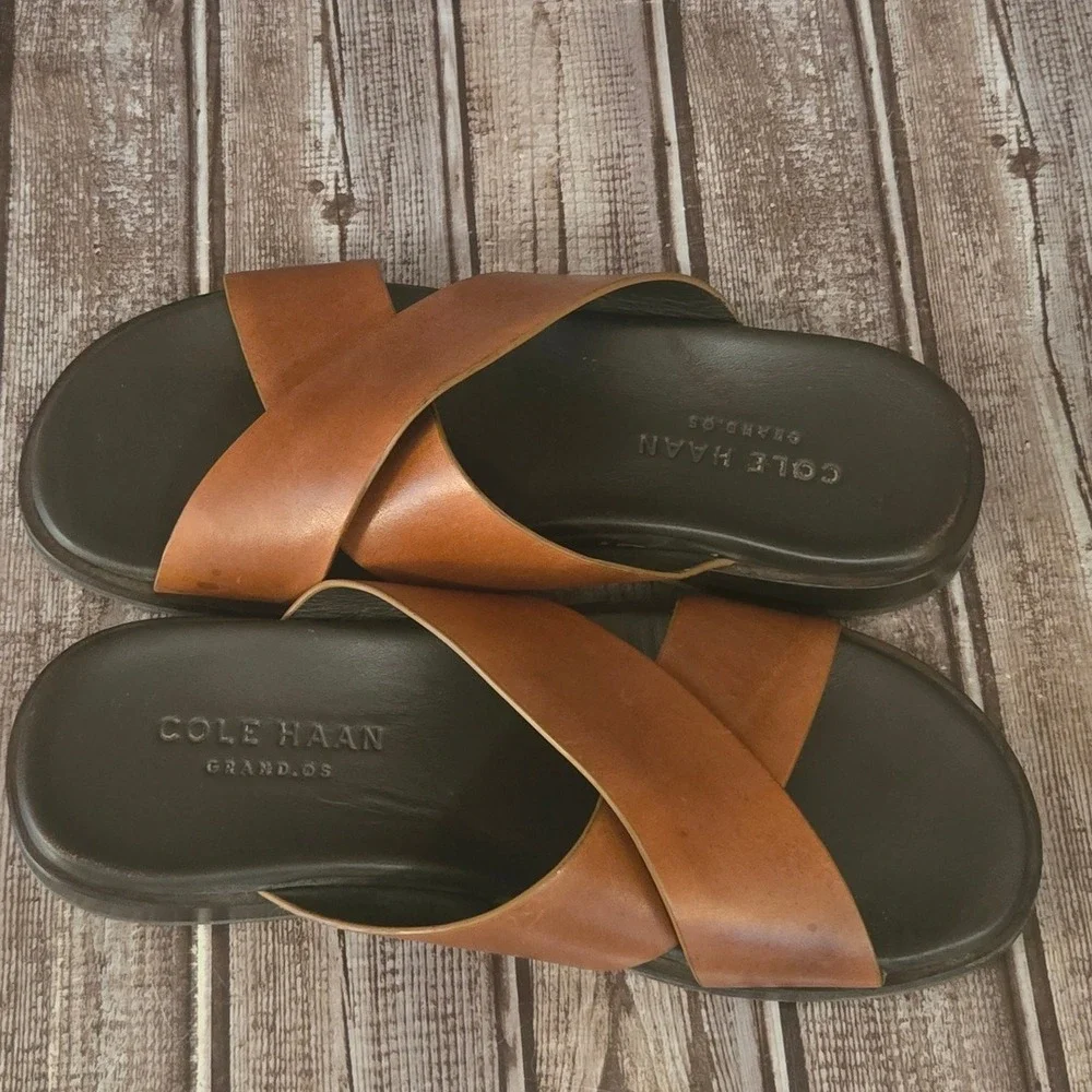 Sz 7 Mens Cole Haan Grand.OS Goldwyn Brown Leather Comfort Sandals Slides VGUC